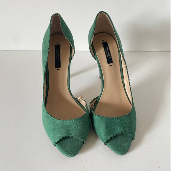 Zara Scalloped Green Peep Toe Sandal Heels, Size 38 🔴 - Picture 2 of 7